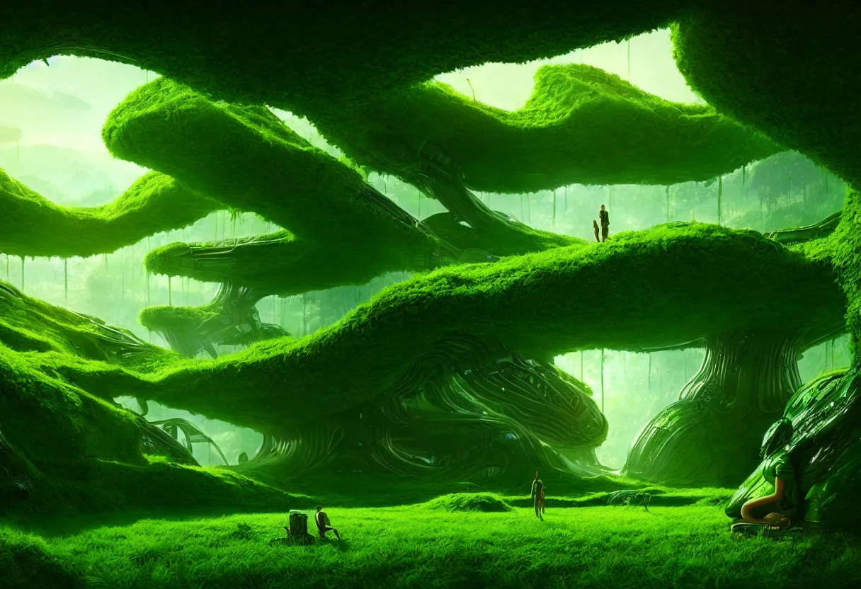 Image similar to inside of alien lush summer green landscape of human mind and imagination, matte painting, beautiful render, octane render, concept art