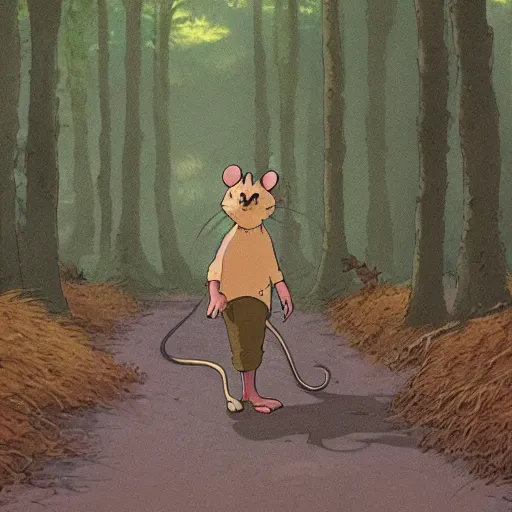 Image similar to an anthropomorphic mouse walking through a lush forest, studio ghibli, Bohemia, old world