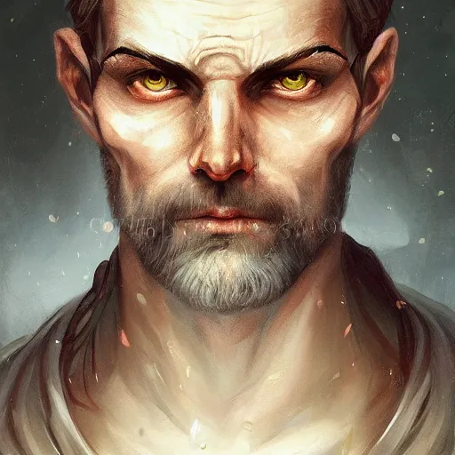 Image similar to a detailed matte head - on portrait painting of an middle - aged half - tiefling nobleman with golden eyes and short well kept hair, by charlie bowater, lise deharme, wlop, tending on arstation, dungeons and dragon, dnd, pathfinder, fanart, oil on canvas