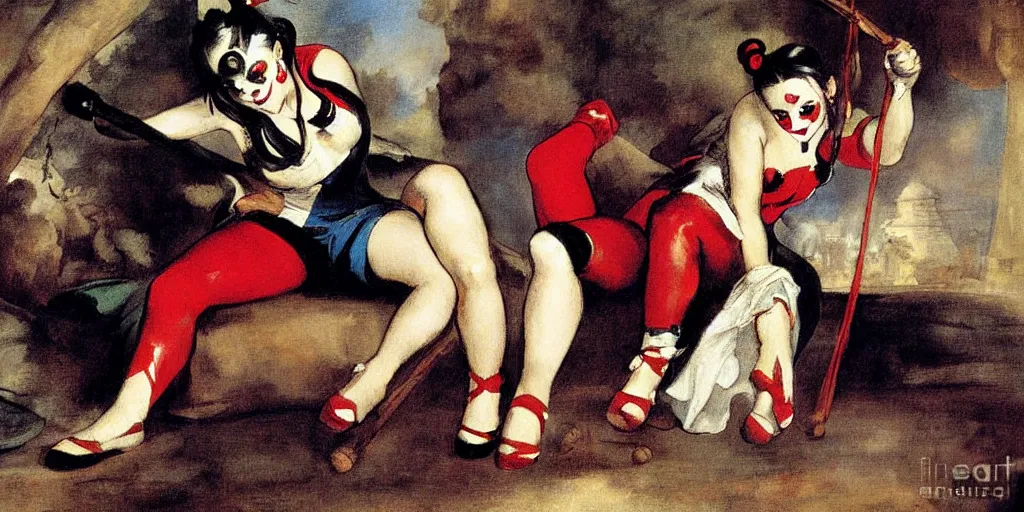 Image similar to harley quinn in the swing painting by eugene delacroix