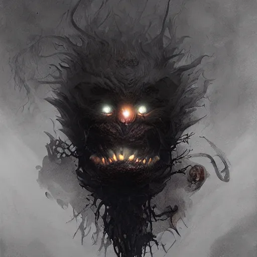 Image similar to a beautiful and terrifying new creature from folklore, smoke and shadow, glowing eyes and mouth. clear detailed view. ethereal fantasy art by greg rutkowski