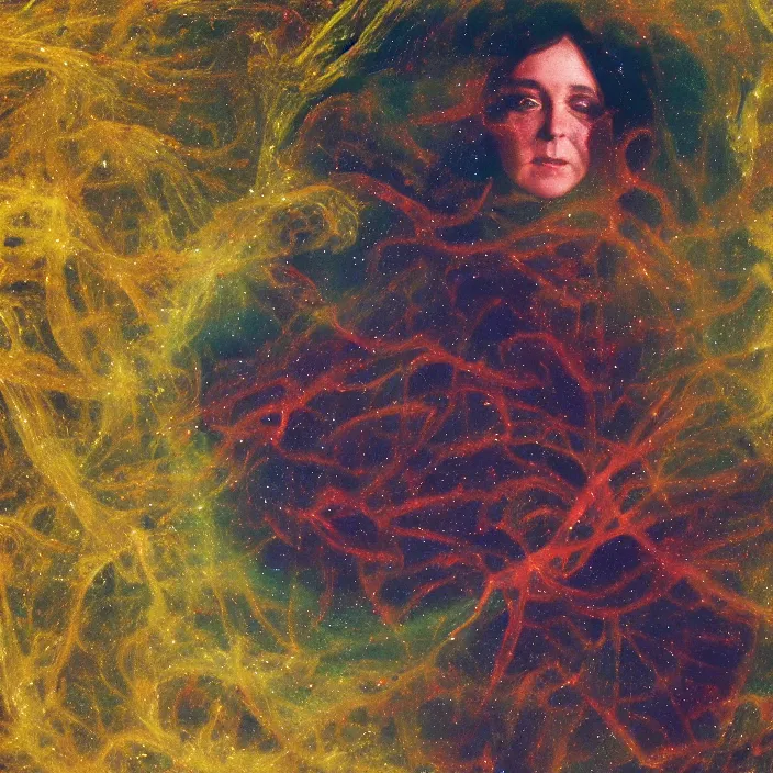 Prompt: a closeup portrait of a cloaked woman floating next to an eel nebula, eel nebula, early netherlandish painting