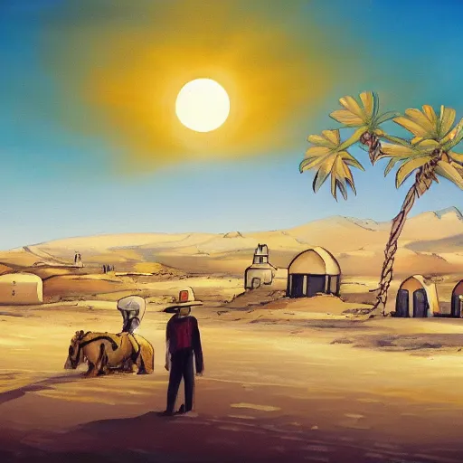 Image similar to a beautiful painting of a village in the desert, white houses, two suns, cowboy bebop