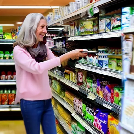 Prompt: long legged grabs yogurt at top shelf of grocery store next to grandma, hyperrealistic