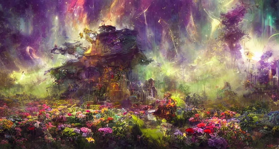 Image similar to a large mystic shrine in a field of flowers, john berkey, mad dog jones, breath - taking beautiful flowers, streams, nebula, and mist, an aesthetically pleasing, dynamic, energetic, lively, complex, intricate, detailed, well - designed digital art of magic, streams, flowers, and mist, early morning, light and shadow