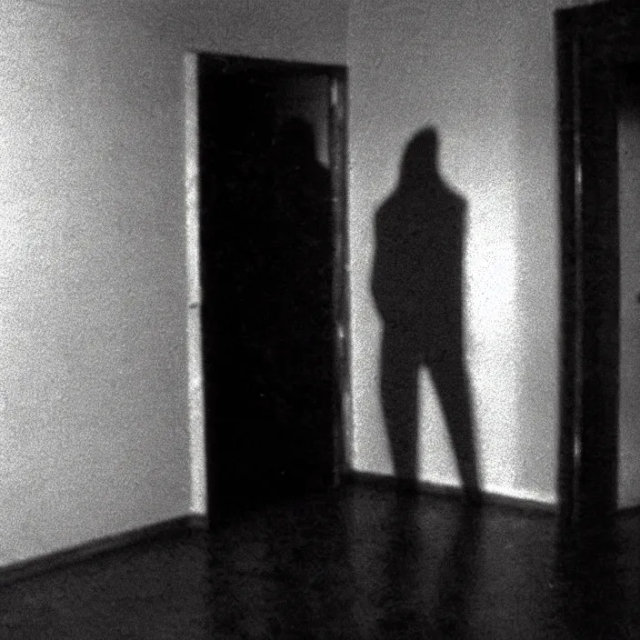 Prompt: cctv footage of a shadowy figure standing in the corner of the room, horror, cosmic horror, lovecraftian, creepy, uncanny, shadows, dark