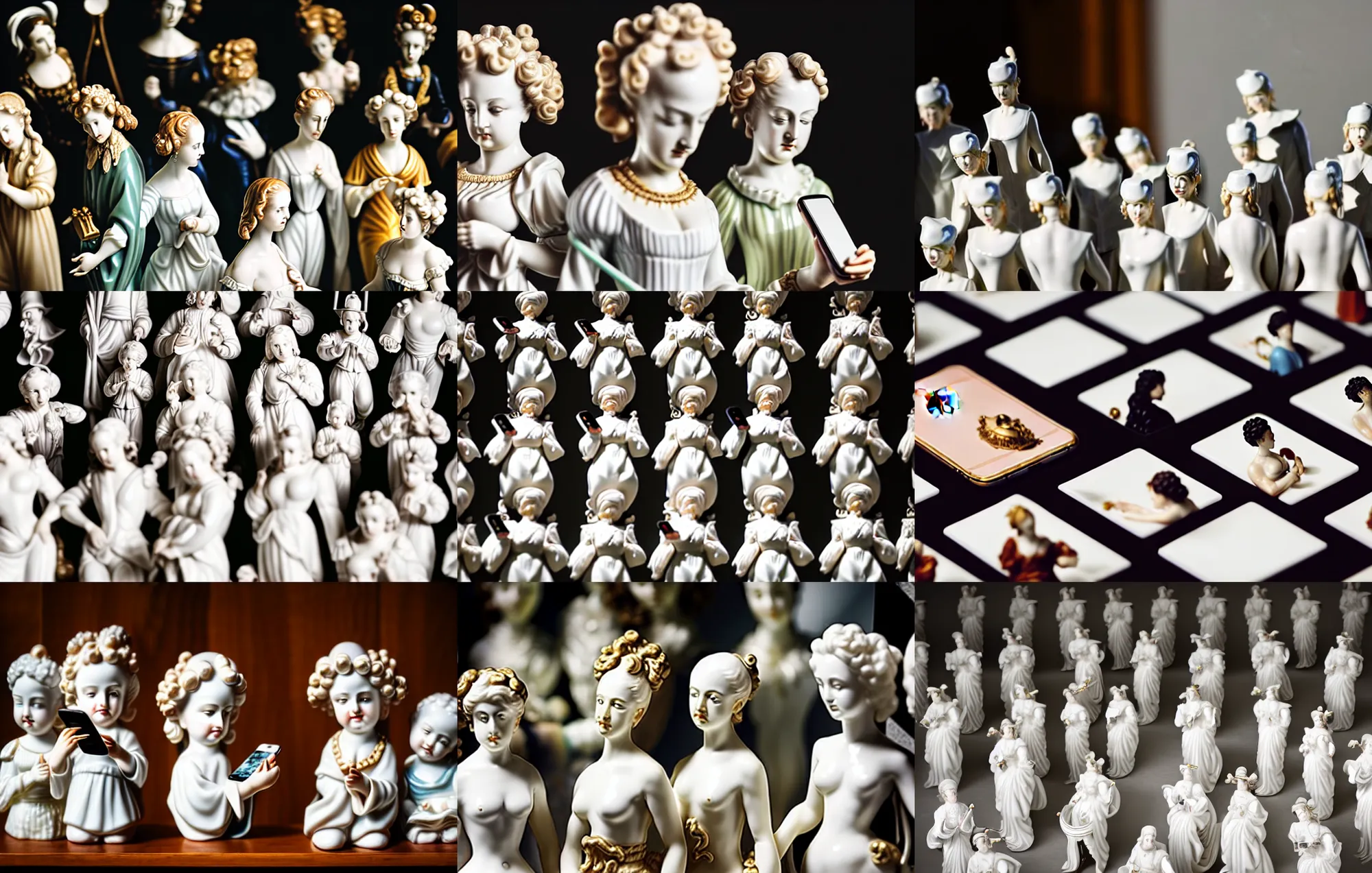 Prompt: A close up photo of porcelain composition of baroque figurines staring down at their iphones