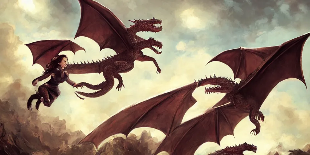 Image similar to Emilia Clarke jumping over a pit with dragons behind her in the air, artwork by charlie bowater