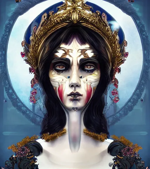 Prompt: beautiful female character inspired by venice carnival and russian icons ellen ripley | | digital artwork made by greg rutswork, anna dittmann and lois van barlee, symmetrical, anatomically correct