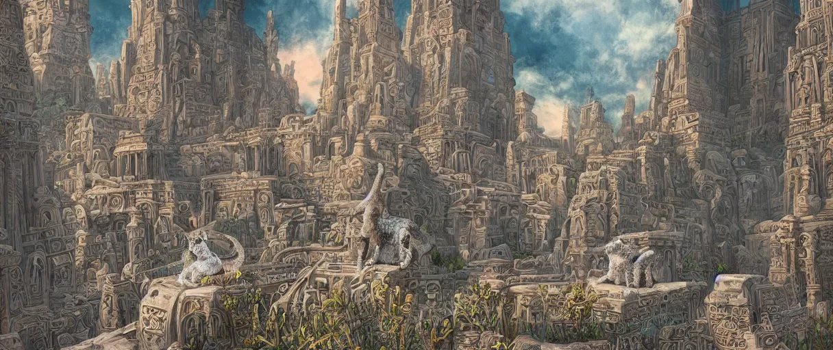 Image similar to a beautiful and highly detailed digital painting of an ancient city with stone statues of anthropomorphic Feline Gods by Feng Zhu and Daniel Merriam | graphic novel, illustration:.4