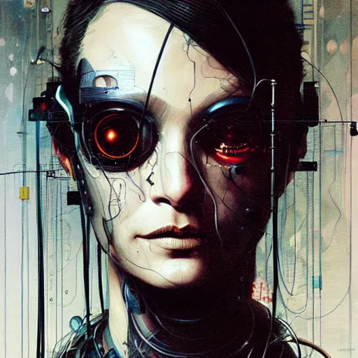 Image similar to shannyn sossamon as a cyberpunk hacker, wires cybernetic implants, in the style of adrian ghenie, esao andrews, jenny saville, surrealism, dark art by james jean, takato yamamoto