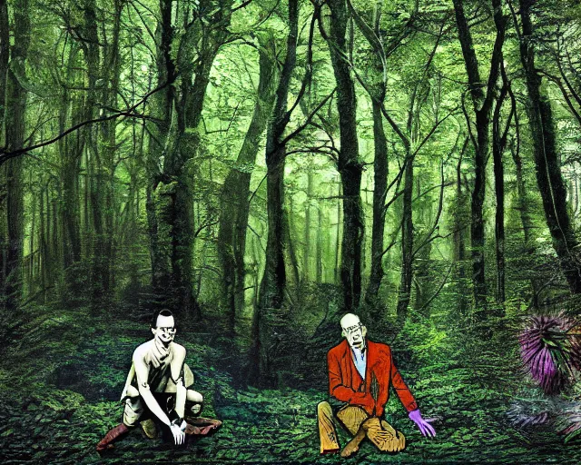 Prompt: edgar cayce and aldous huxley in a forest, epic colorful hyper detailed award winning photography