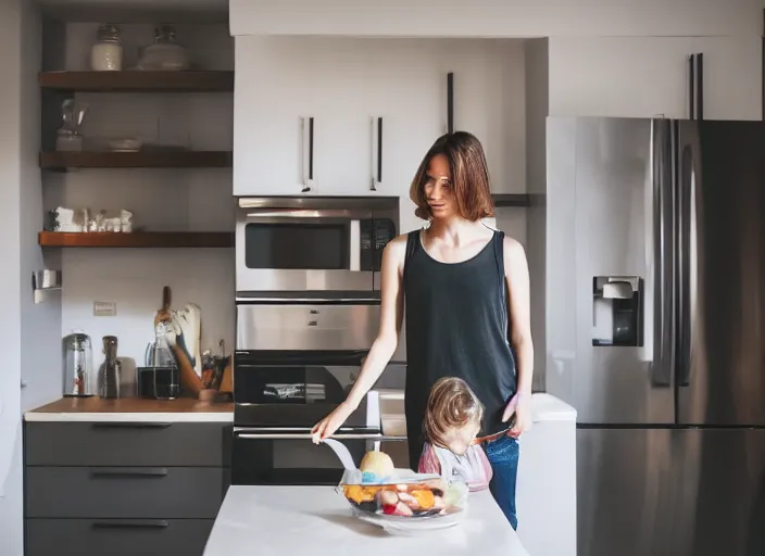 Prompt: mother standing in modern kitchen