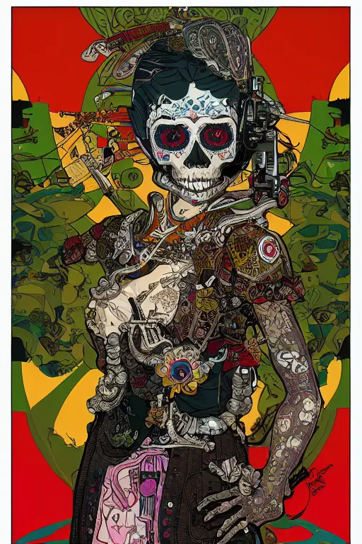 Image similar to beautiful skull cyborg girl female illustration detailed patterns art of thai traditional dress, pop art, splash painting, art by geof darrow, ashley wood, alphonse mucha, makoto shinkai