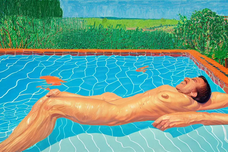 Image similar to emmanuel macron sunbathing in a swimming pool in a house in california, summer blue sky, shimmering water, lush trees and bushes garden lawn, by david hockney, peter doig, lucien freud, francis bacon, pop realism, oil on canvas