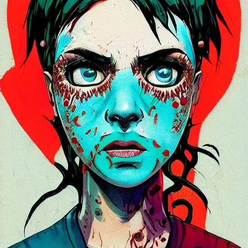 Prompt: Highly detailed portrait of a punk zombie latino young lady with freckles and spikey punk hair by Atey Ghailan, by Loish, by Bryan Lee O'Malley, by Cliff Chiang, was inspired by iZombie, inspired by graphic novel cover art !!!electric blue, brown, black, yellow and white color scheme ((grafitti tag brick wall background))