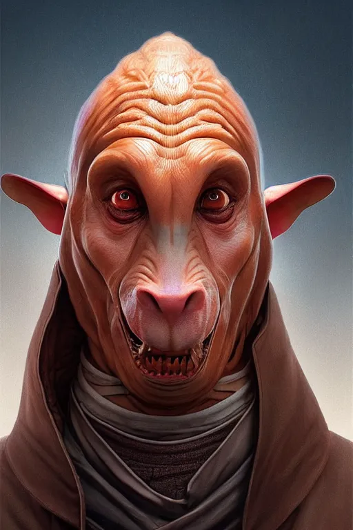 Image similar to vladimir putin as jar jar binks from star wars, realistic portrait, symmetrical, highly detailed, digital painting, artstation, concept art, smooth, sharp focus, illustration, cinematic lighting, art by artgerm and greg rutkowski and alphonse mucha