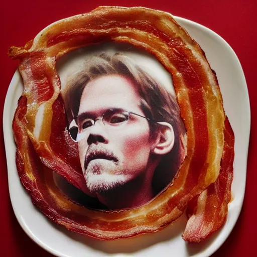 Image similar to an ultra realistic photograph of a bacon rasher on a plate, with kevin bacon's face