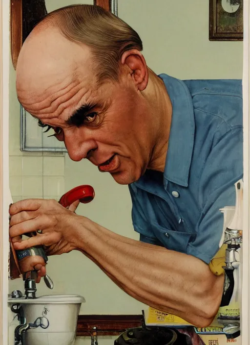 Image similar to a balding white man,, slim, wearing plumber uniform, norman rockwell painting, fixing sink