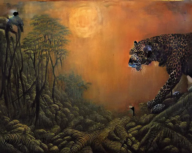 Image similar to Beksinski painting. Jaguar in a dark misty jungle, painted by Beksinski