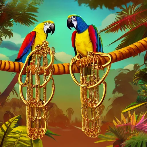 Image similar to parrots dressed in golden rings, necklaces and with caps on head, rapping and sitting on golden trees, rap scene, jungle concept art, trending on artstation, highly detailed, digital art, 8 k