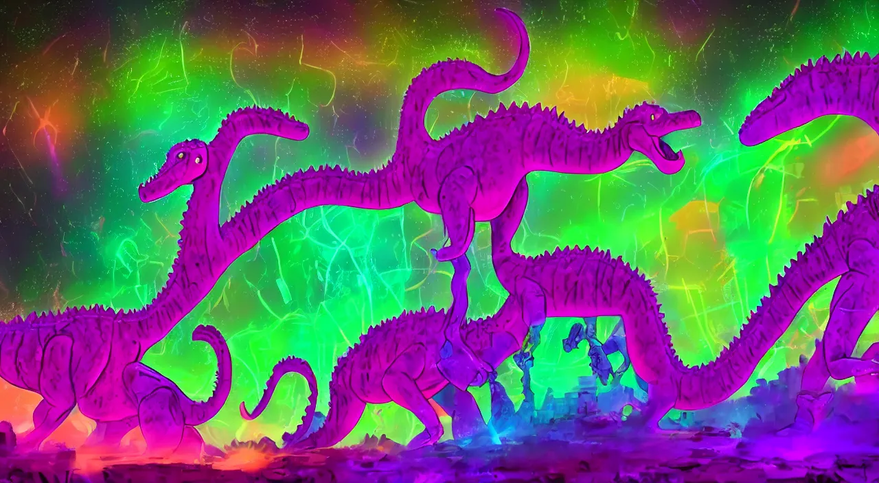 Image similar to spectral purple neon dinosaur, spectral neon pink dinosaur, spectral yellow neon dinosaur, green jungle background, detailed, ultrawide landscape