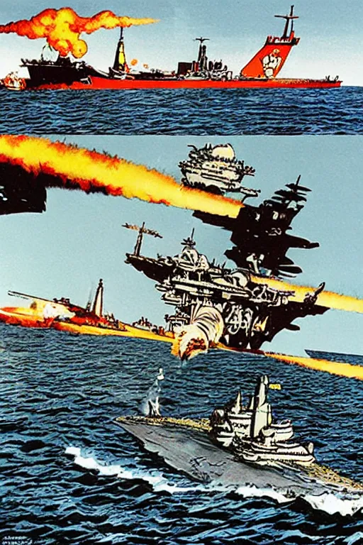 Prompt: full page illustration of tintin tearing apart an aircraft carrier, by herge, alex ross, phil hale,