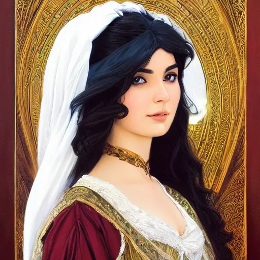 Image similar to ameera al taweel, bright blue eyes, long wavy black hair, white veil, front , highly detailed, digital painting, artstation, concept art, smooth, sharp focus, illustration, ArtStation, art by artgerm and greg rutkowski and alphonse mucha and J. C. Leyendecker and Edmund Blair Leighton