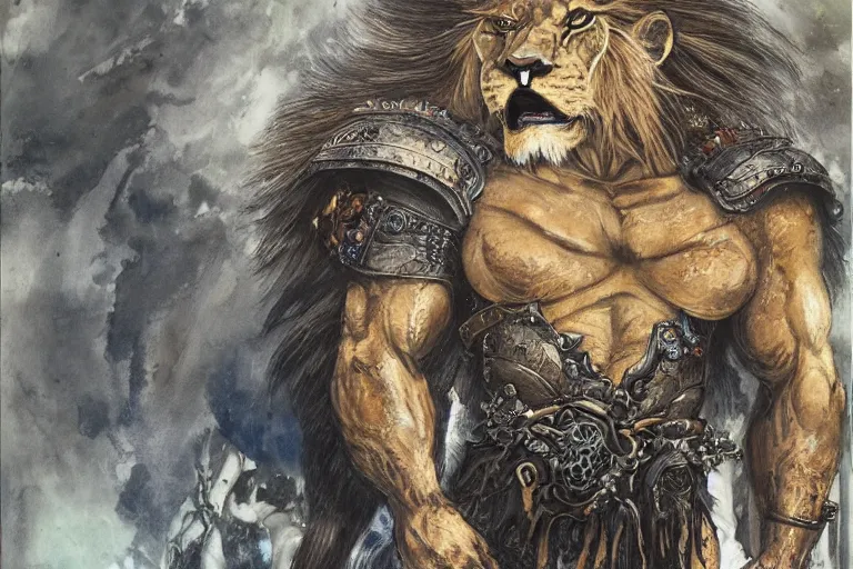 Image similar to 8k Yoshitaka Amano painting of upper body of a young cool looking lion beast-man at a medieval market at windy day. White mane, Depth of field. He is wearing complex fantasy armors. He has huge paws. Renaissance style lighting.