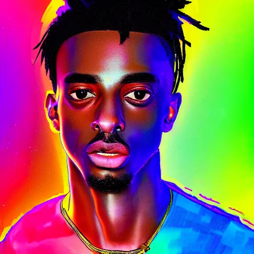 Prompt: playboi carti, photorealistic, detailed face, full body shot, 8 k, hd, neon colors, over saturated colors, wok,