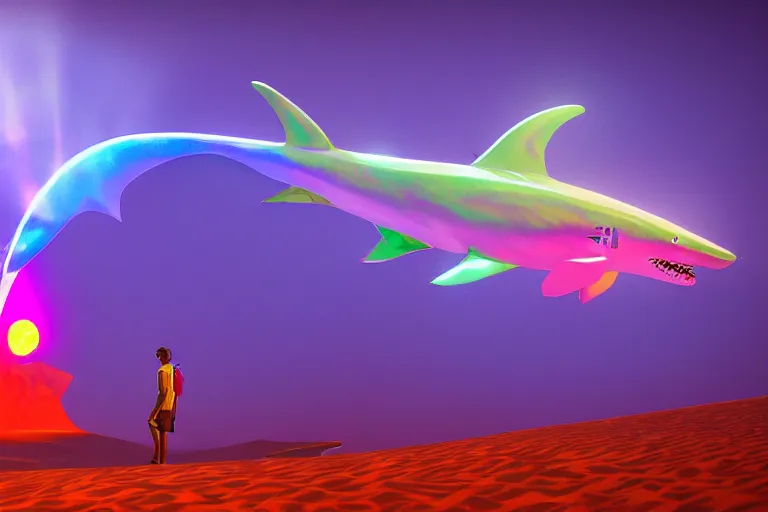 Image similar to a holographic projection of a huge colorful transparent shark appears in the desert at night, a man is stunned, by anton fadeev and jame paick, 8 k, unreal engine