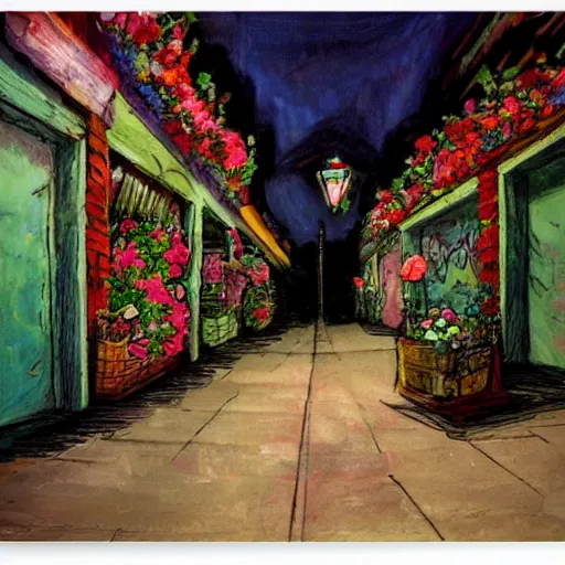 Prompt: Spawn selling flowers in an alley at night, by Todd MacFarlane