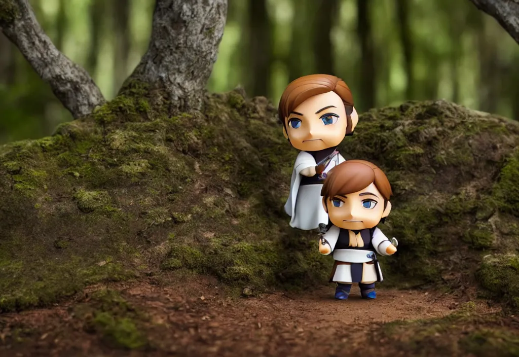 Prompt: side view of obi wan kenobi of disney movie as nendoroid running in a forest, 8 k hd dof, kodak film,