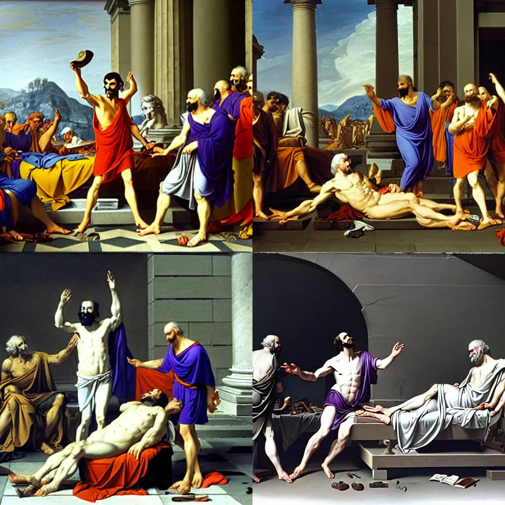 Prompt: waluigi in The Death of Socrates by Jacques-Louis David