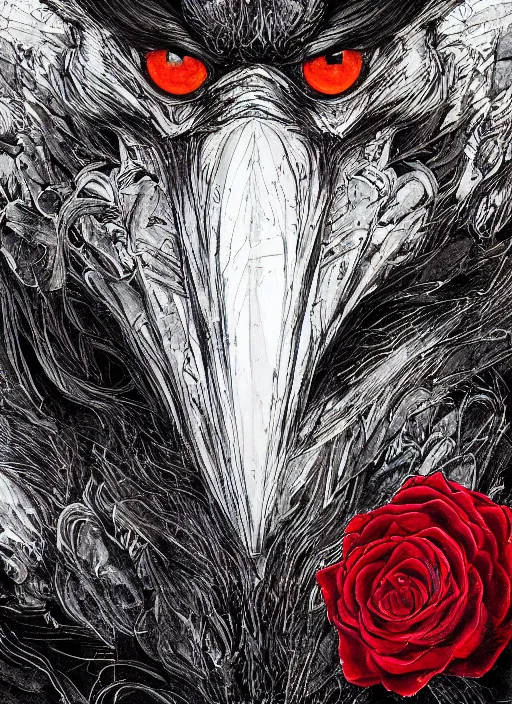 Image similar to portrait, A crow with red eyes in front of the full big moon, book cover, red roses, red white black colors, establishing shot, extremly high detail, foto realistic, cinematic lighting, pen and ink, intricate line drawings, by Yoshitaka Amano, Ruan Jia, Kentaro Miura, Artgerm, post processed, concept art, artstation, matte painting, style by eddie mendoza, raphael lacoste, alex ross