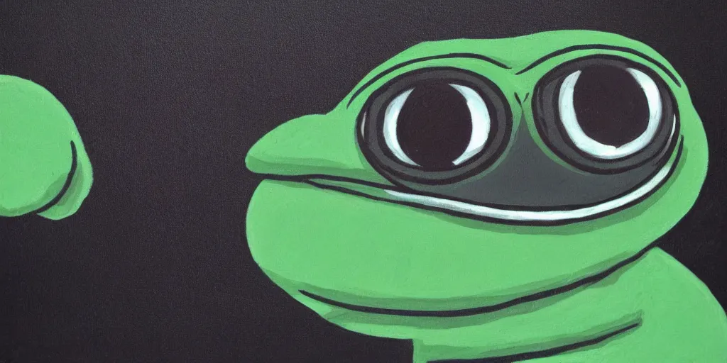 Image similar to sad pepe, big eyes, dark background, crying, emotional painting, high quality, detailed