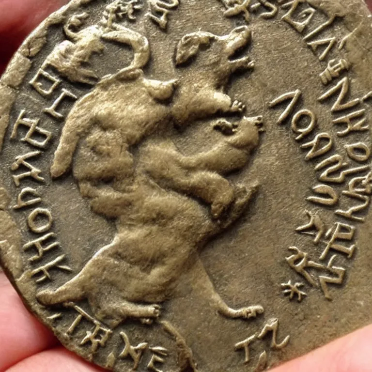 Image similar to ancient roman coin with a shiba inu and some latin writing
