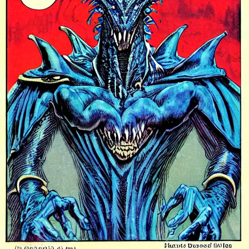 Image similar to head and shoulders portrait of a medieval d & d fantasy anthropomorphic blue dragon - headed sorcerer, comic book cover art by hr giger and frank miller