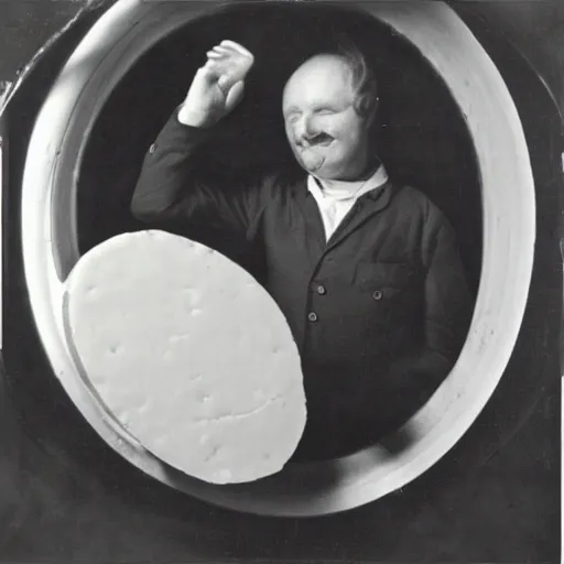 Image similar to simon whistler eating a large wheel of cheese,