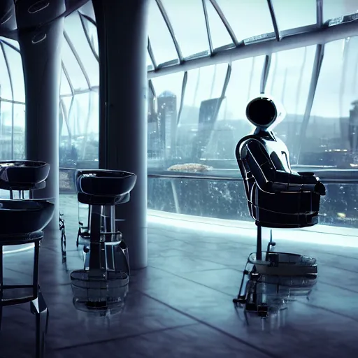 Prompt: lonely barmen human - like robot sitting in the futuristic bar and looking in the huge window where he see enoughromous city on the spaceship and flying cars, 8 k, hyperrealistic, unreal engine, cyberpank