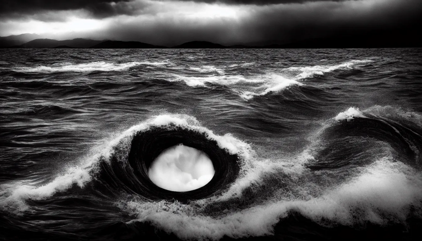 Image similar to void, whirlpool in the middle of the lake, waves, dark, atmospheric, scary, claustrophobic, ambient vibe, very detailed, black and white, 4 k