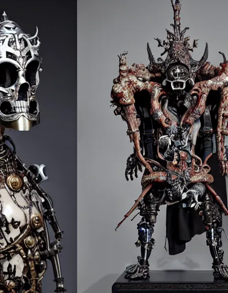 Image similar to still frame from Prometheus by utagawa kuniyoshi , lich king Dr doom in ornate bio cybernetic bone armour and skull mask helmet in bone chapel by Wayne Barlowe by peter Mohrbacher by giger , dressed by Alexander McQueen and by Neri Oxman, metal couture hate couture editorial