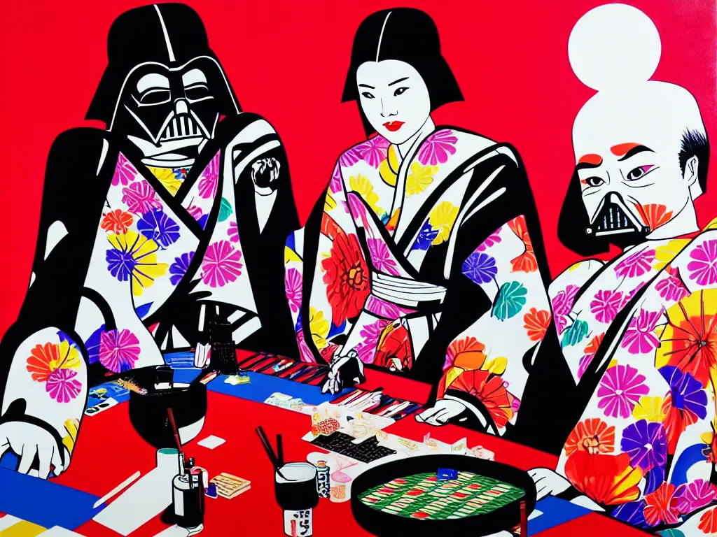 Prompt: hyperrealistic composition of the woman in a japanese kimono sitting at a poker table with darth vader, fireworks, mount fuji on the background, pop - art style, jacky tsai style, andy warhol style, acrylic on canvas