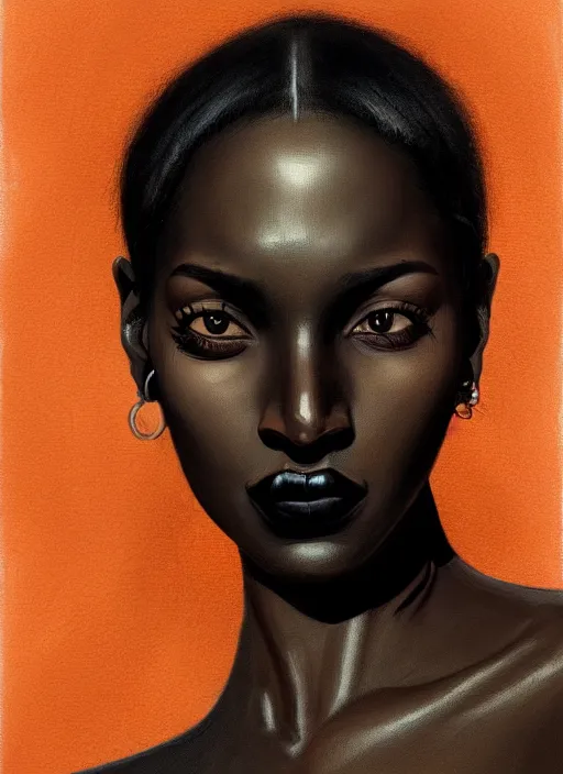 Image similar to portrait of a dark skinned woman with a crooked nose and a confident expression, 1 9 6 0 s, black clothes, goth, punk, funk, intricate, elegant, highly detailed, digital painting, artstation, concept art, smooth, sharp focus, illustration, art by wlop, mars ravelo and greg rutkowski