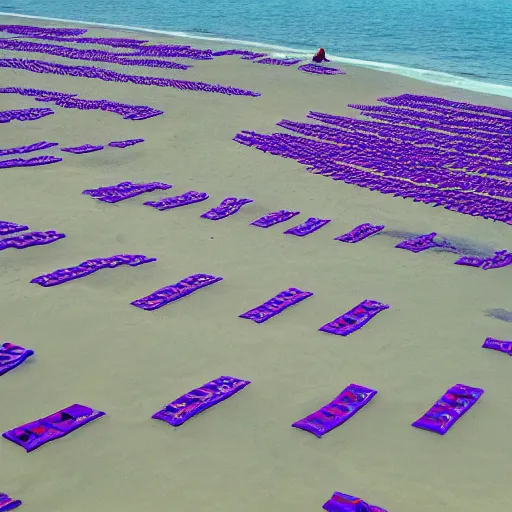 Image similar to a realitic photo of a thousand beds on the beach by Storm Thorgerson, purple color scheme