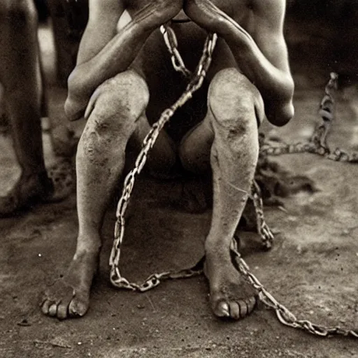 Image similar to a slave with chains looking to the camera.