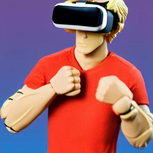 Image similar to action figure of a skinny blonde male wrestler wearing a vr headset and wearing a t - shirt and jeans, high detail, realistic,