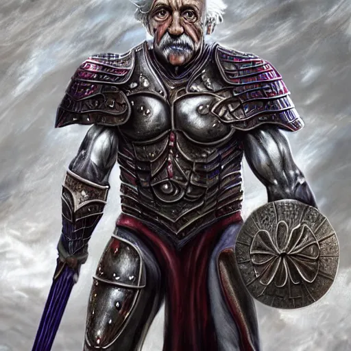 Prompt: muscular albert einstein wearing daedric armor wielding a daedric battleaxe d & d detailed photo photorealistic