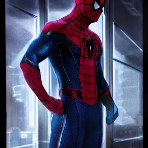 Image similar to ryan reynolds as spider - man, wearing a black and blue suit, cinematic, volumetric lighting, f 8 aperture, cinematic eastman 5 3 8 4 film, photorealistic by greg rutkowski, by stanley artgerm, by alphonse mucha