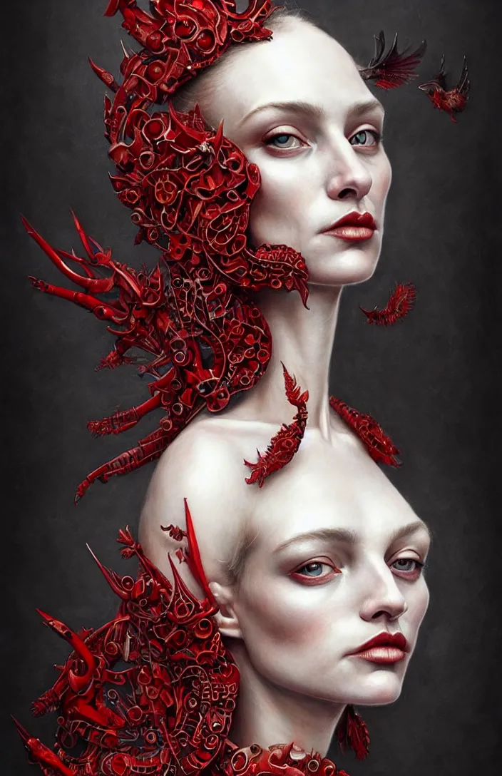 Image similar to epic professional portrait of gorgeous thin white woman, perfect face, armoured red dress, painted, intricate, detailed, by leesha hannigan, wayne haag, reyna rochin, ignacio fernandez rios, mark ryden, iris van herpen, artstation, cgsociety, epic, stunning, gorgeous, much wow.